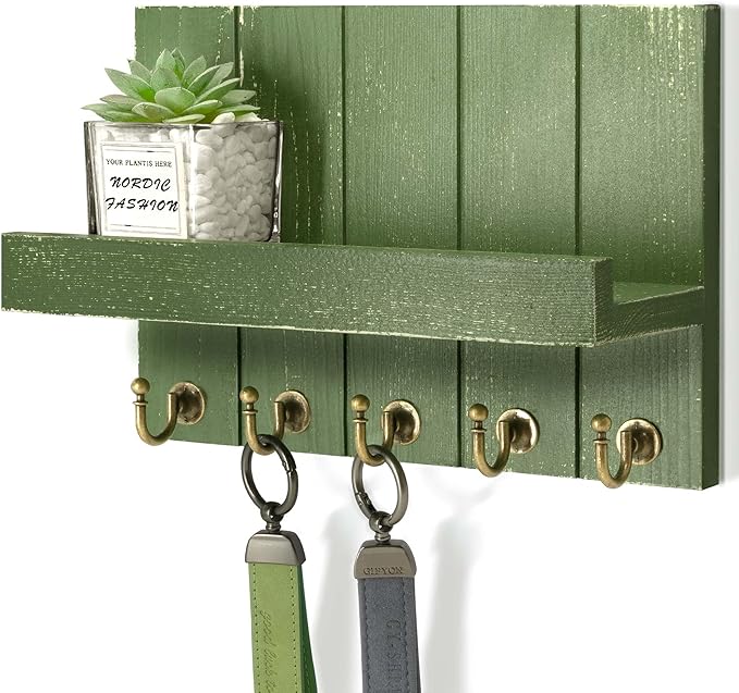 Rebee Vision Pine Wood Key Holder Wall Mount with Floating Shelf – Farmhouse Key Holder for Wall with Hooks – Hat Organizer for Room Decor and Entryway Organization (Green,3.54" x 10" x 7.28")