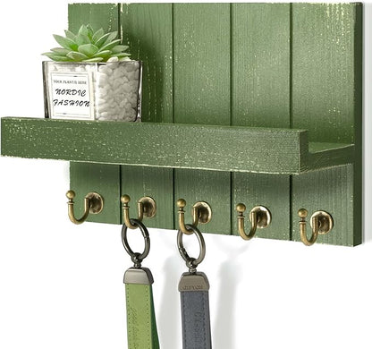 Rebee Vision Pine Wood Key Holder Wall Mount with Floating Shelf – Farmhouse Key Holder for Wall with Hooks – Hat Organizer for Room Decor and Entryway Organization (Green,3.54" x 10" x 7.28")