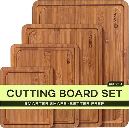 ROYAL CRAFT WOOD Wooden Cutting Boards for Kitchen Meal Prep & Serving - Bamboo Non Toxic Cutting Board Set with Deep Juice Groove Side Handles - Charcuterie & Chopping Butcher Block for Meat (4 Pcs)