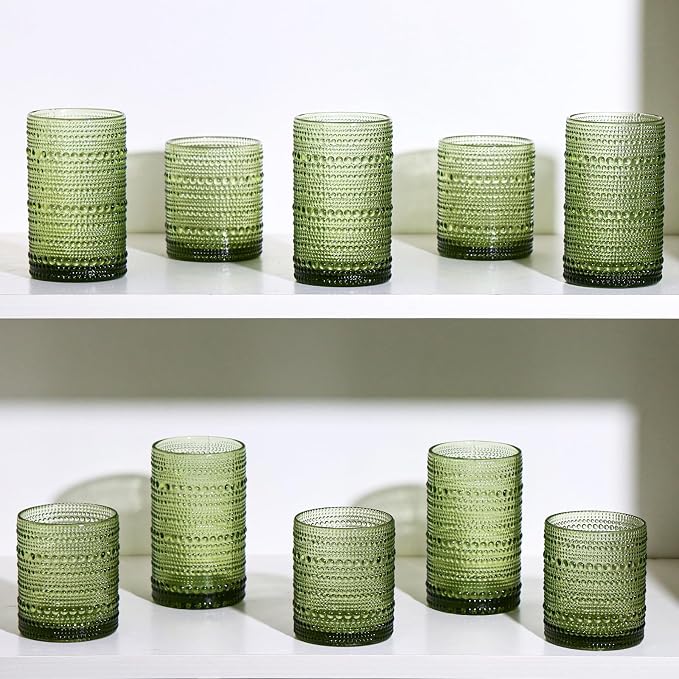Moretoes Hobnail Drinking Glasses, 12 Piece Green Water Glass Cups, Mixed Vintage Glassware Set, 6pcs 12oz Highballs and 6pcs 10oz Old Fashioned Glasses, Great for Cocktail, Whisky and Other Beverages