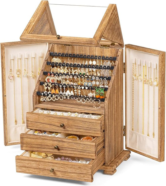Jewelry Box Organizer, Rustic Wooden Jewelry Boxes for Women Girls, Large Storage Earring Holder Organizer Display for Earrings Necklaces Rings Bracelets (Rustic Brown)