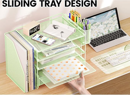 OPNICE Desk Organizer, 5-Tier Paper File Organizer with Drawer & Pen Holder, Office Desk Accessories, Workspace Desktop Organizer for Office Supplies(Green)