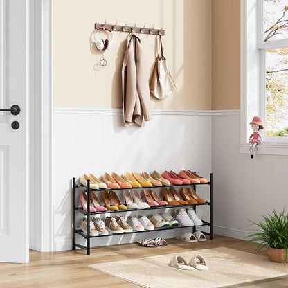 Tajsoon Expandable Shoe Rack for Closet 3 Tier, 28“-41“Adjustable & Stackable Shoe Shelf Storage, Metal Shoe Rack Organizer for Front Door Entrance, Closet, Garage, Entryway, Black