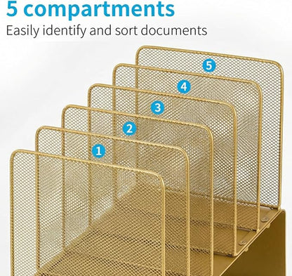 LEKETREE File Organizer for Desk, File Folder Organizer with 5-Section Vertical Rack, Suitable for Home Office Document Organization and Storage(Gold)