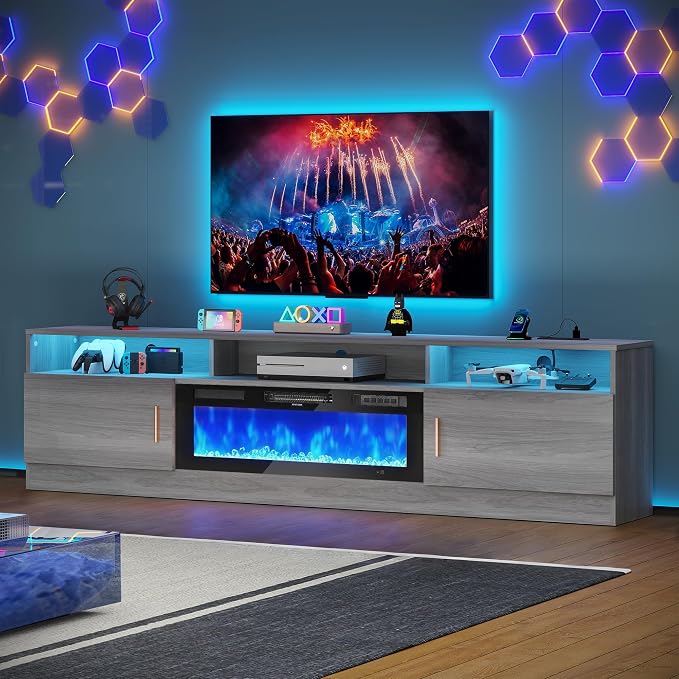MXV 78" Fireplace TV Stand with Power Outlet for TVs UP to 90", Electric Fireplace Entertainment Center with LED Lights & Storage Cabinets, TV Console for Living Room, Office, Grey-Black