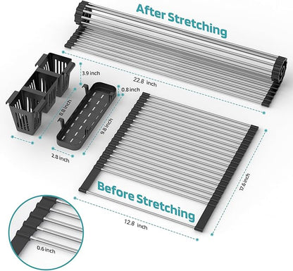 Extra Large Black Expandable Roll Up Dish Drying Rack Up to 25.1''with 2 Storage Baskets,Over The Sink Kitchen Rolling up Dishes Drainer, Foldable,Rollable