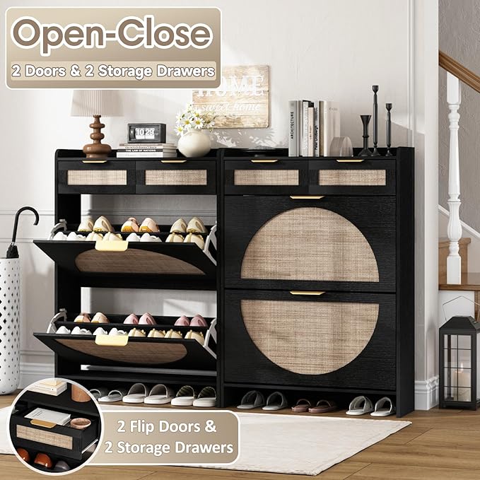 Rattan Shoe Storage Cabinet with 2 Flip Drawers & 2 Drawers, Freestanding Organizer for Front Door Entrance, Hidden Narrow Shoe Rack Cabinet Storage for Entryway, Black