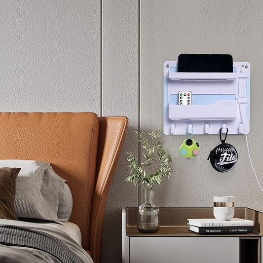 Bedside Shelf Wall Mount, Adhesive Bedside Shelf Accessories Organizer with Hooks and Cable Clips,Dorm Bedside Wall Storage for Phone, Remote, Earphone, Kindle,Plastic(White)