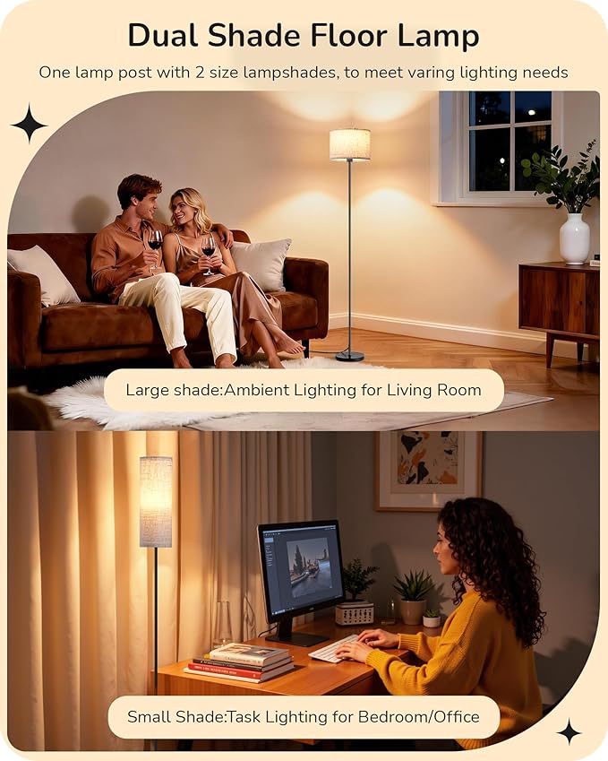 EDISHINE Dual Shades Floor Lamp with Foot Switch, Dimmable Floor Standing Lamp with 9W LED A19 Light Bulb, Remote Custom Color Temperature Pole for Living Room, Bedroom, Office, E26, Black