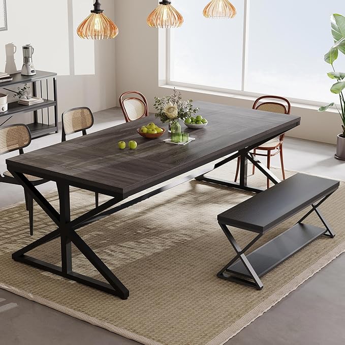 IBF Long Grey Computer Desk, Modern Large Wood Metal Office Desk, Industrial Pc Study Gaming Writing Table for 2 Person, Executive Workstation for Home Bedroom Living Room, Dark Gray, 70 Inch