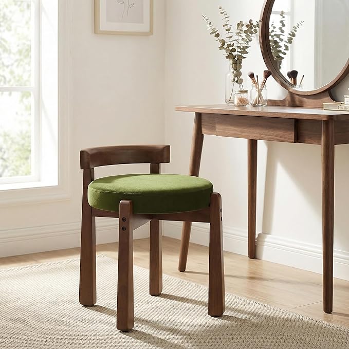 HNY Vintage Green Velvet Makeup Stool Set of 2 Compact Round Ottoman Chairs with Wooden Legs, Perfect for Small Spaces Like Entryway, Cloakroom & Boudoir
