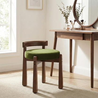 HNY Vintage Green Velvet Makeup Stool Set of 2 Compact Round Ottoman Chairs with Wooden Legs, Perfect for Small Spaces Like Entryway, Cloakroom & Boudoir