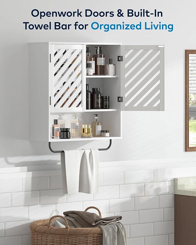 Wall Mounted Bathroom Cabinet with Openwork Doors and Towel Bar, Extra Deep Over The Toilet Storage, Waterproof Farmhouse Medicine Cabinet for Bathroom, Laundry Room (23.6"x8.3"x23.6", White, 2PCS)