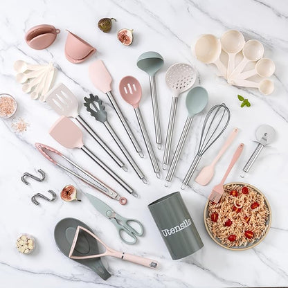 COOK WITH COLOR Silicone Cooking Utensils, Kitchen Utensil Set, Easy to Clean Silicone Kitchen Utensils, Cooking Utensils for Nonstick Cookware, Kitchen Gadgets Set, 38 Piece, Mint