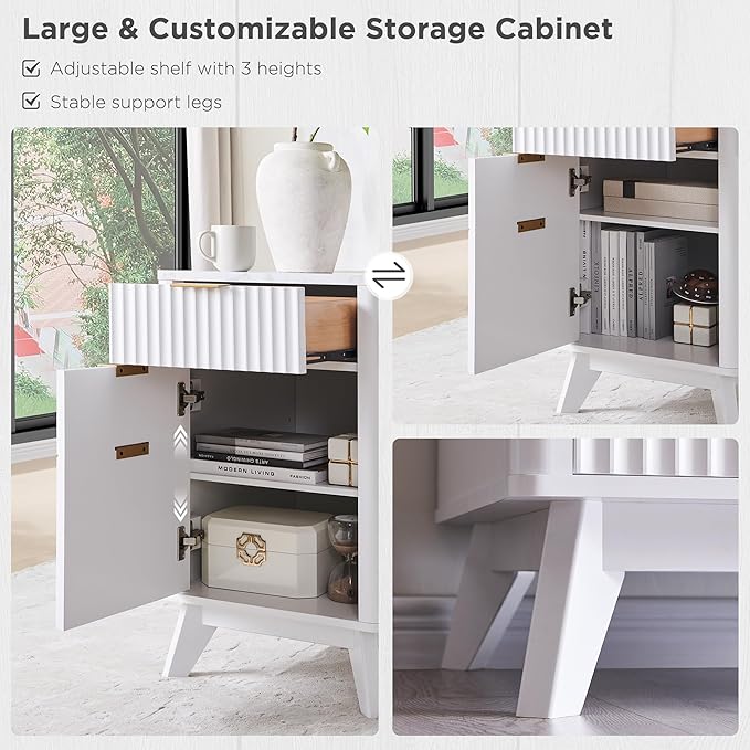 T4TREAM 60'' Fluted Executive L Shaped Desk, Modern Home Office Desk with Charging Station and File Drawer, Computer Corner Desks with Drawers & Storage Cabinet for Office Home, Bedroom,Solid White