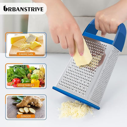 Urbanstrive Cheese Grater With Container, Professional Cheese Grater with Handle, Stainless Steel Graters for Kitchen Handheld, Box Grater with 4 Sides for Vegetables, Ginger, Potatoes (Dark Blue)
