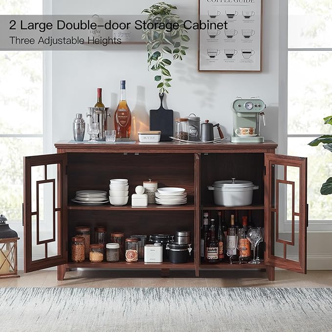 Large Sideboard Buffet Cabinet with Storage, 55" Farmhouse Kitchen Coffee Wine Bar Cabinet with 3 Glass Doors, Wood Mid Century Modern Side Board Table for Dining Room, Living Room,Brown