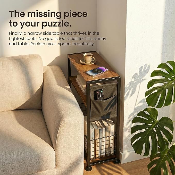 Skinny Side Table with Storage, 3 Tier Slim Side Tables for Small Spaces, Skinny End Table Narrow Bedside Table Narrow Side Table for Living Room, Bedroom