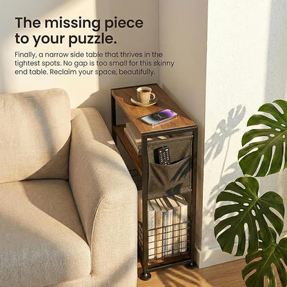 Skinny Side Table with Storage, 3 Tier Slim Side Tables for Small Spaces, Skinny End Table Narrow Bedside Table Narrow Side Table for Living Room, Bedroom