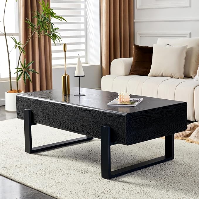 LKTART 47'' Rectangle Coffee Table for Living Room, Marble Pattern Desktop, Stable Metal Tea Table Legs for Dining Room Apartment Small Space (Black)