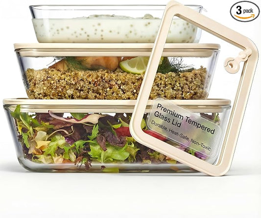Vase and Vessel Non-Toxic Glass Storage Container Set, Borosilicate Glass, Tempered Glass Lids, Baking Pan, Airtight, Vented, Microwave, Oven & Dishwasher Safe, (Rectangular, Set of 3)