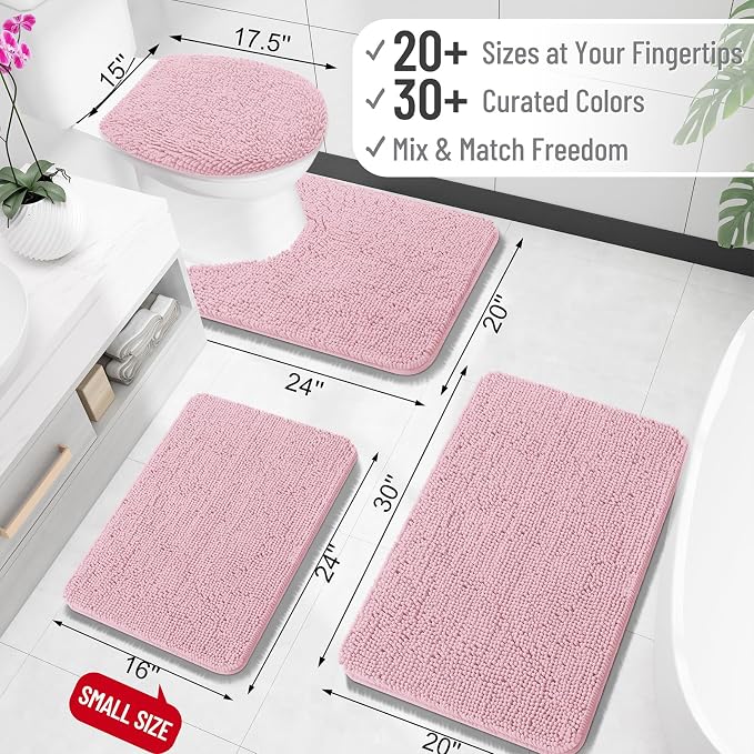 OLANLY Toilet Rugs U-Shaped 24x24, Extra Soft Absorbent Chenille Contour Bathroom Rugs for Toilet, Dry Quickly, Machine Washable, Non-Slip Bath Mat, Dusty Rose