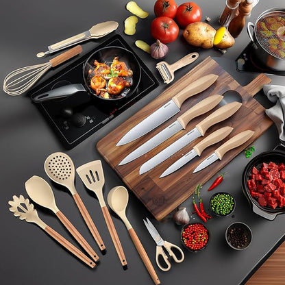 RAXCO Cooking Utensils Set,18-Piece Kitchen Utensils and Knife Set,Khiki | Food-grade Silicone Utensils Heat-resistant to 410°F,5-Piece Stainless Steel Kitchen Knife with Sharpener and Cutting Board