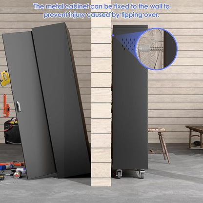 61.7"H Metal Garage Storage Cabinet with Wheels and Hanging Rod,Broom Closet Storage Cabinet with Pegboard and 4 Adjustable Shelves with 120LBS for Garage Home Office School,Required Assembly,Black