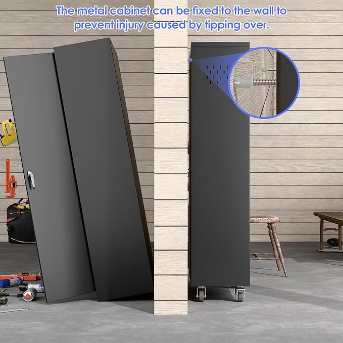 Metal Broom Closet Storage Cabinet, Garage Storage Cabinet with Wheels, 5 Pegboard, Hanging Rod and 13 Hooks for Garage Home, Black, Assembly Required, 61.7" H x 27.6" W x 13.8" D