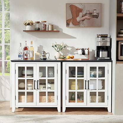 Sideboard Buffet Cabinet with Storage, 32" Farmhouse Kitchen Coffee Wine Bar Cabinet with 2 Glass Doors, Wood Mid Century Modern Side Board Table for Dining Room, Living Room, White