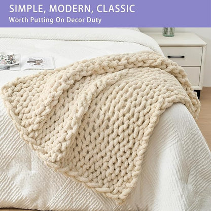 Bigacogo Chunky Knit Throw Blanket for Couch, 40x40 inches, 100% Hand Knitted with Thick Jumbo Chenille Yarn, Cozy Soft Large Rope Knot Cable Crochet Blankets for Sofa Bed Living Room, Beige