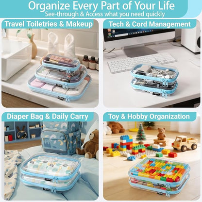 YQBRAO 6 Pack Sky Blue Clear Hard Shell Zipper Case, 1.2mm Heavy Duty Multi-Size Organizer Pouches for Home & Travel, Crush-Proof Storage Bags for Essentials, Toys & Toiletries (2L, 2M, 2S)