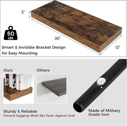 Floating Shelves for Wall, 30" W x 12" D x 2" H, 2 Pack of Long Wall Mounted Engineered Wood Shelves with Invisible Brackets for Living Room, Bedroom, Bathroom, Kitchen Decor, Brown