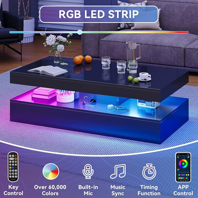 47” High-Glossy LED Coffee Table with 2 Sliding Drawers, Living Room Storage Coffee Tables, Modern Stylish Double-Layer Center Tables with LED Lights, Black