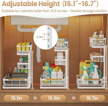 Under Sink Organizer and Storage for Bathroom and Kitchen - 2 Pack 3 Tier Under Cabinet Pull Out Shelf Organizers - Slide Out Drawer Organization for Home Cabinets Shelves and Drawers