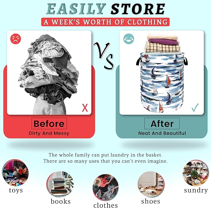 Nautical Laundry Basket Foldable Blue Seafaring Theme Print Laundry Hamper Oxford Cloth Funny Tote Bag Clothes Toy Storage Bucket For Bathroom/Laundry Storage/Bedroom 18.9 x 16.5 Inch
