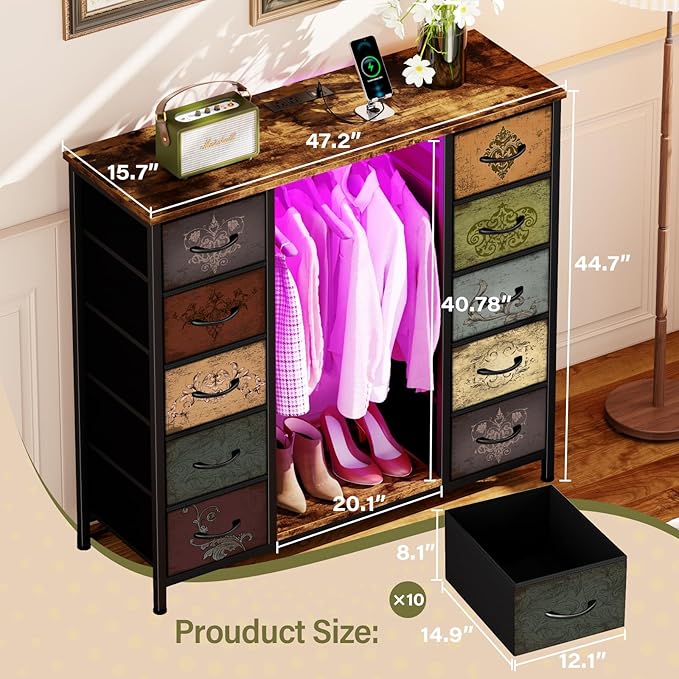 Dresser for Bedroom with Hanging Rack, 10 Drawers TV Stand with Charging Station LED Lights, Pattern Fabric Storage Organizer Cabinets for Living Room, Entryway, Nursery