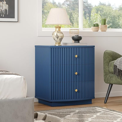 Dresser for Bedroom,3-Drawer Dresser, Mondern Wide Chest of Drawers with Fluted & Curved Design, Large Storage Chest for Bedroom, End Table for Living Rooms, （Blue）