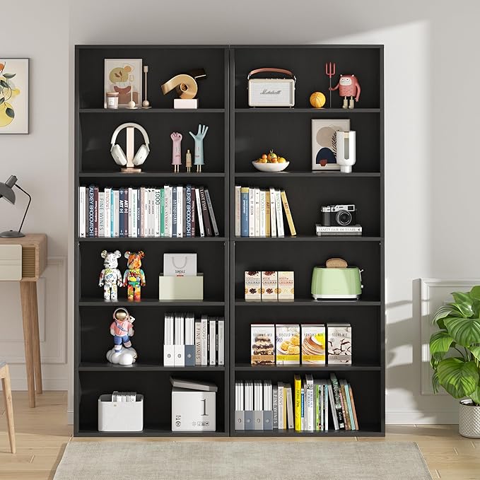 Vongrasig 6-Tier Open Bookcase and Bookshelf, Floor Standing Wood Display Storage Shelves 71 Inch Tall Bookcase Home Decor Furniture for Home Office, Living Room, Bed Room, Black, 2 Pieces