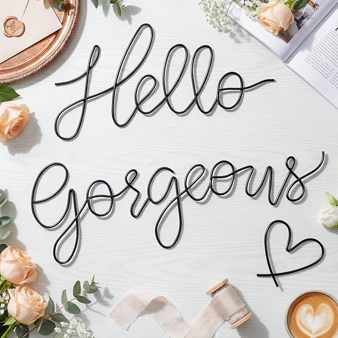 Hicarer Hello Gorgeous Metal Wall Art Decor Minimalist Decoration Metal Hello Gorgeous Decorative Sign for Living Room Office Bedroom Hotel Home Wall Decoration(Black,Fashion Style)