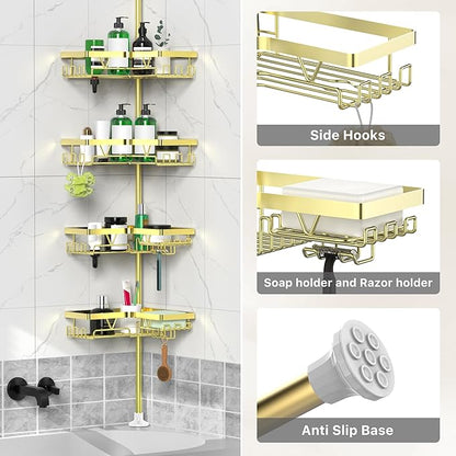 DAOYA Shower Caddy Tension Pole - Gold Corner Shower Caddy Stainless Steel Bathroom Shower Organizer for Tub Tension Rod Corner Shower Shelves(25-114inch)
