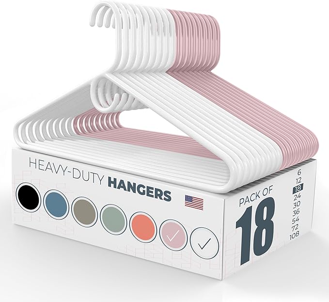 Neaties Super Heavy Duty Clothes Hangers 18 Pack – Made in The USA - 10lb Capacity, Thick Plastic Hangers for Pants, Coats, Jackets, Jeans and Adult Clothing – White & Pink