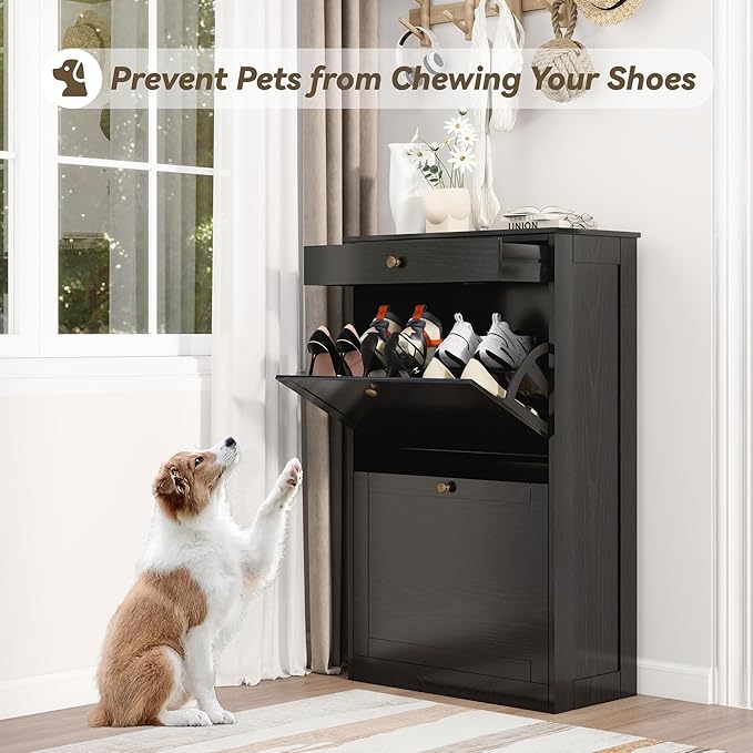 FTZxHKLX Shoe Cabinet with 2 Flip Drawers, Slim Freestanding Hidden Shoe Organizer with Drawer, Pet-Proof Shoe Storage Cabinet for Entryway Living Room Behind The Door, Black