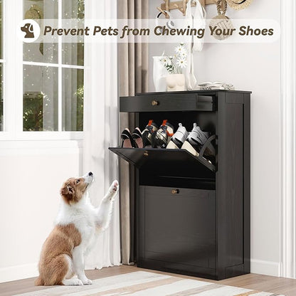 FTZxHKLX Shoe Cabinet with 2 Flip Drawers, Slim Freestanding Hidden Shoe Organizer with Drawer, Pet-Proof Shoe Storage Cabinet for Entryway Living Room Behind The Door, Black
