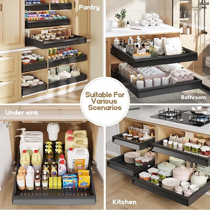 Seinloes Pull Out Cabinet Organizer, 4-Side Expandable to Fit Most Cabinets, 3 Rail Slide Out Drawers with Raising Pad for Framed & Frameless Cabinets, 13"-21" W x 17"-24" D, Black, 4 Pack