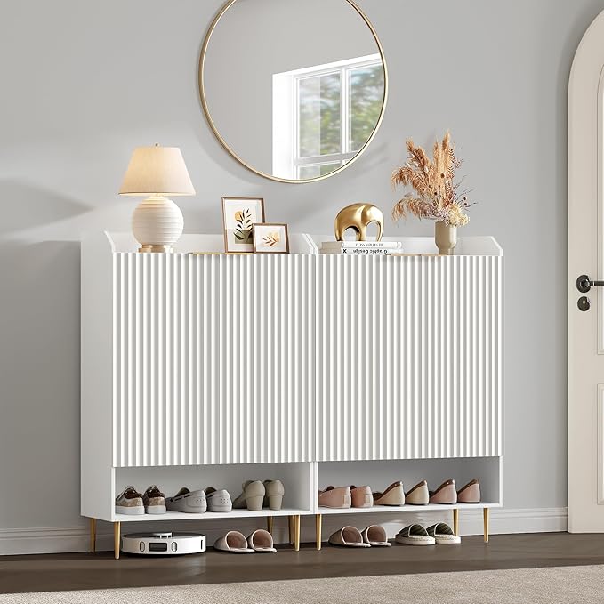 SICOTAS Fluted Shoe Cabinet - 50.7" Tall, 7-Tier Shoe Storage Cabinet with Adjustable Shelves & Doors, Modern Entryway Shoe Organizer for Hallway Front Door Closet, White