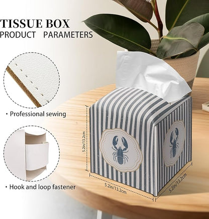 Grace Yonks Cute Coastal Lobster Tissue Box Cover Square, Kitchen Striped Cube Case for Facial Tissues, 5.2" PU Leather(070)
