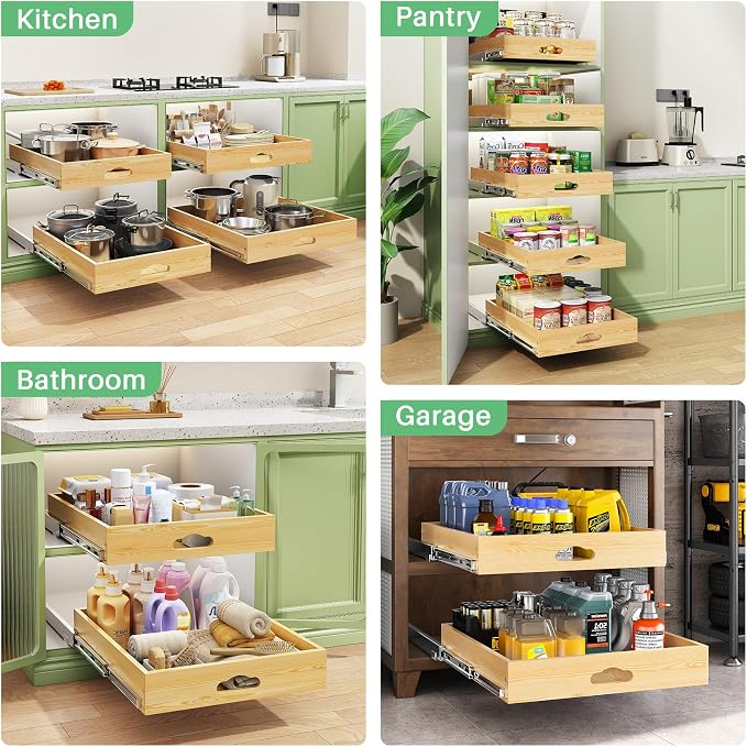 Pull Out Cabinet Organizer, Soft Close Wooden Slide Out Drawers for Pots and Pans, Full-extension Roll Out Shelves for Kitchen Cabinets, Pantry Organization, Bottom & Side Mount(15"W X 21"D x 3.4''H)