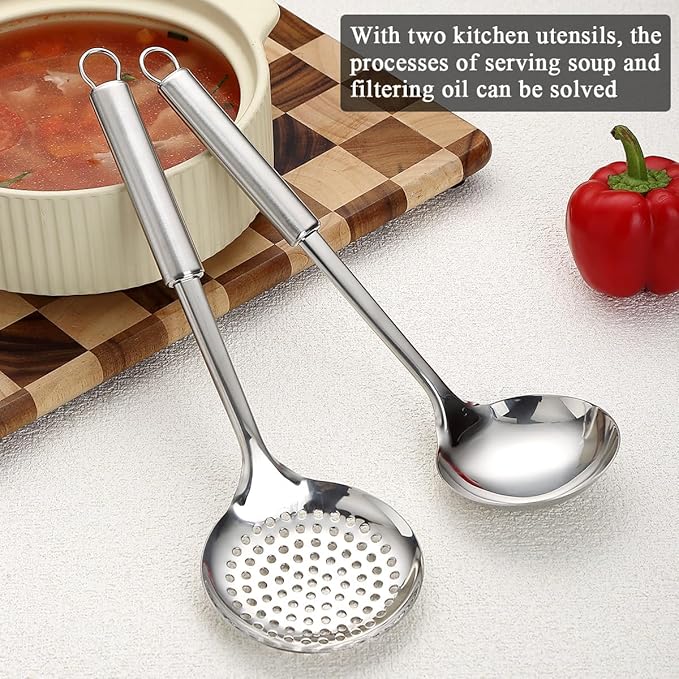 ReaNea Stainless Steel Cooking Utensils Set 4 Pieces, Kitchen Tools Set Include Metal Spatula Set, Kitchen Skimmer, Soup Ladle, Kitchen Gadgets Essentials New Home Must Have