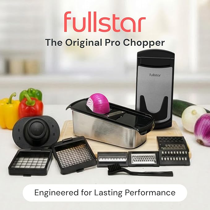 Fullstar Premium Vegetable Chopper and Mandoline Slicer - Food Chopper and Spiralizer with Container, Julienne Slicer, Fruit Slicer, Veggie Cutter, Kitchen Gadgets & Gift for Mom (14 in 1, Steel)